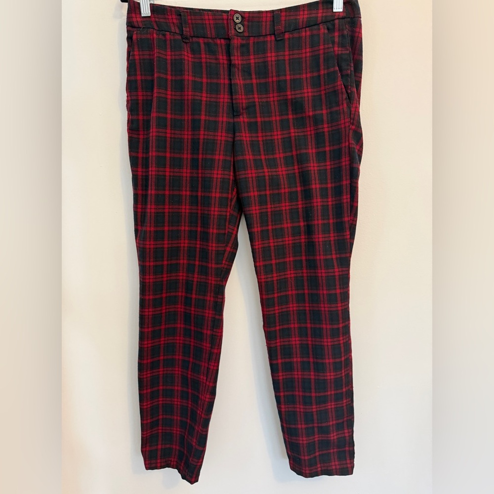 H&M L.O.G.G. Navy Red Plaid Trousers Straight Leg Pants Size 8 - Picture 4 of 12